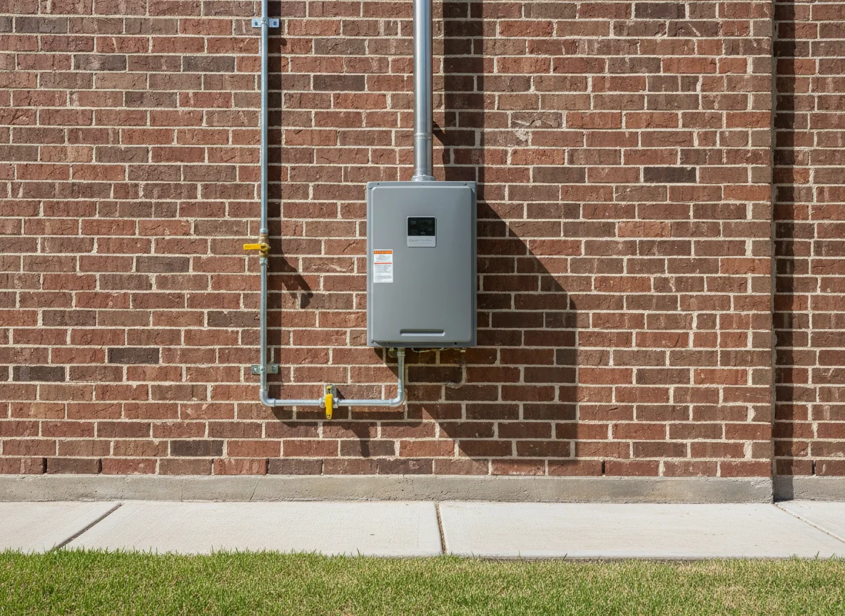 Tankless water heater mounted on an exterior wall
